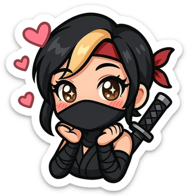 Sexy chibi ninja girl with black short hair and a blonde streak, only head and arms, colorful chibi style with bold outlines, transparent background, no mask, face with sparkly eyes and hearts floating around, sized for Twitch emoji use. sticker