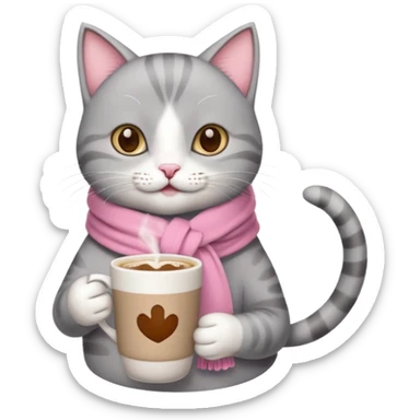 Happy gray Cat with pink scarf holding in its front two paws a hot latte in a white mug sticker