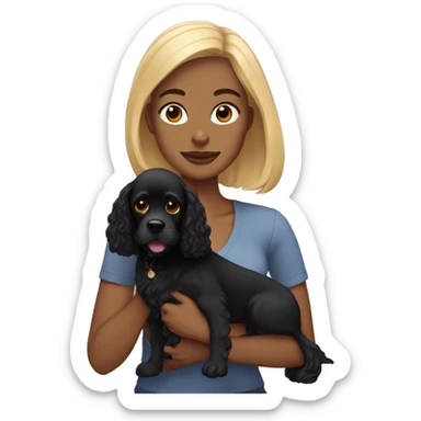 Mixed race woman with blonde hair holding black cocker spaniel sticker
