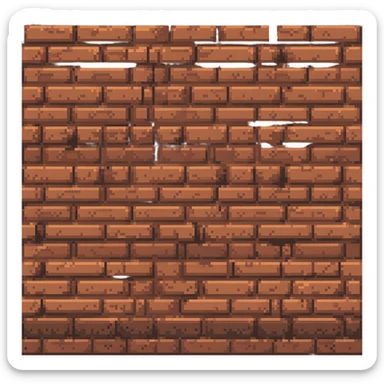 close-up of a brick wall with red and brown bricks, visible mortar, rough texture, slight weathering, cracks in pixel art style sticker