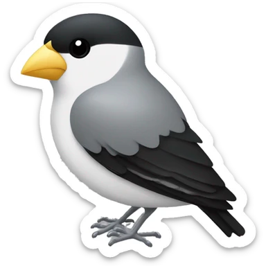 A finch with a white chest that has 2 black horizontal lines on it, black back of body, a silver beak and silver feet, with black eyes sticker
