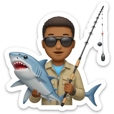 Black man catching a shark with a fishing pole, emoji style sticker