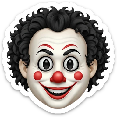 generate white clown mask emoji with a big curly black hair 

wide black coloured smile, no red nose but instead long and pointy white nose with no nostrils, pitch black eyes with no pupils, no brows sticker