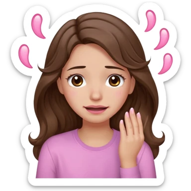 girl with wavy long brown hair, brown eyes, light to medium complexion, long lashes, light pink lipstick, wearing light pink shirt, smiling, crying with big pink tears coming down the face sticker