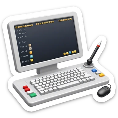 Emoji for Game Design: computer screen with Professional game development interface, 3D models, pixel art and design tools like grid, wireframe, joystick, stylus. Symbolizes the technical and creative process of game development. Transparent background. sticker