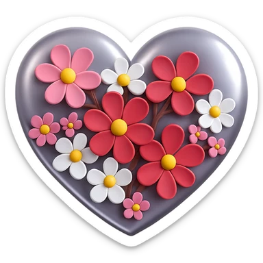 Make the silver details on the heart with sakura more prominent in 3D emoji style. No background. sticker