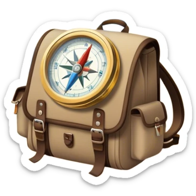 Icon for Expeditions: a compass, a map, a backpack and a rugged expedition jeep, set against a backdrop of snowy mountains, sand dunes and tropical islands. The icon should capture the spirit of adventure and exploration in diverse landscapes. Transparent background. sticker