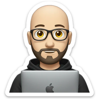 bald white man with a black beard typing on apple computer wearing a black hoodie sticker
