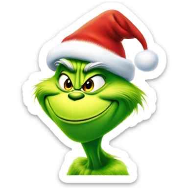 The grinch smiling and wearing a Santa hat sticker