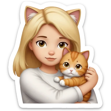 Girl with black gradient to blonde hair  petting her white Garfield cat and brown Garfield cat sticker