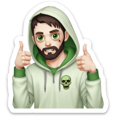 zombie with thumbs up gesture, undercut hairstyle with dark brown hair, short full beard, heterochromia with one green eye and one brown eye, wearing plain white hoodie sticker