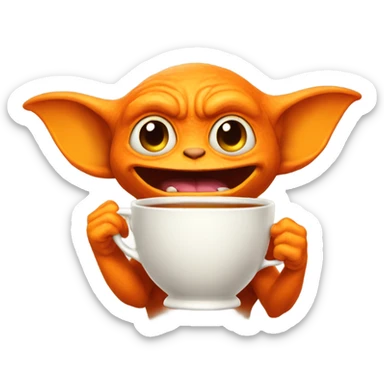 Orange Gremlin holding a cup of tea  sticker
