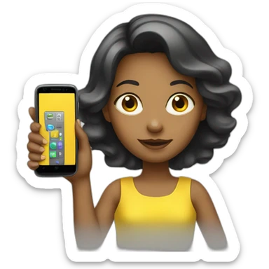a girl in a yellow dress holding a cell phone sticker