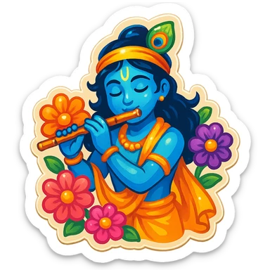 Hare Krishna themed sticker, Krishna playing a flute, surrounded by flowers, no text sticker