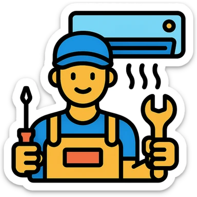 air conditioning technician holding tools, friendly, modern uniform, clear icon style sticker