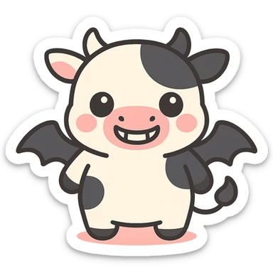 cute evil cow, kawaii style, black and white, little bat wings, grinning mischievously sticker