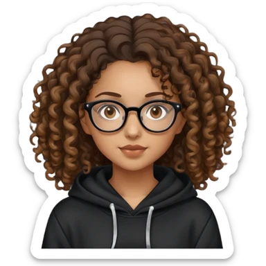 Mixed girl /curly long hair brown / with brown eyes glasses black hoodie  sticker