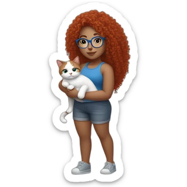 a curvy girl with red curly hair and blue glasses with a white and gray cat in her arms sticker