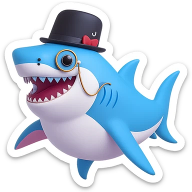 Add a monocle to the cartoon shark with a black top hat, smiling, no background. sticker