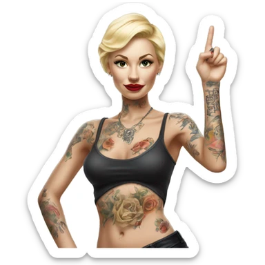 Blonde elegant women, her Body Covered with Tattoos, POINTING YOU FORWARD with her HAND with INDEX FINGER, Hyper realistic sticker