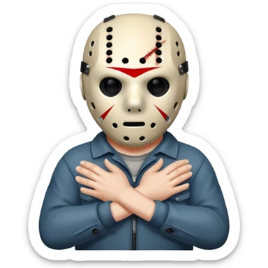 a cartoon image of Jason Voorhees, looking cute, with his hands together in front of him sticker