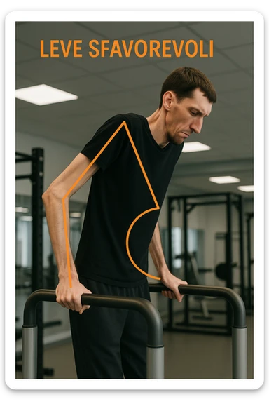 a tall, lean man with very long arms and a short torso attempts a dip on parallel bars. His elbows are deeply bent and his body appears awkwardly positioned, highlighting the mechanical disadvantage. An overlay shows anatomical lines and angles, with labels explaining “Leve Sfavorevoli” The background is a modern gym, with a focus on biomechanics. sticker