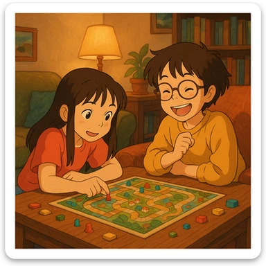 asian girl and her friend playing a boardgame, cozy, ghibli-inspired style sticker