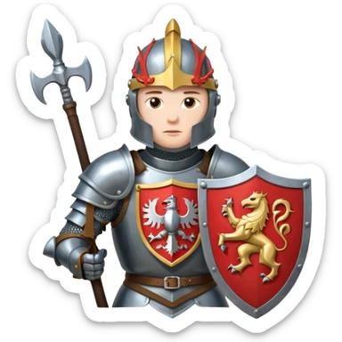 An emoji portrait of a medieval knight. He wears a suit of armor with a stylized helmet. His expression is serious and determined, and he holds a shield with a family crest. sticker