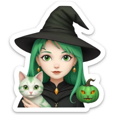 Witch with cat companion, green haired sticker