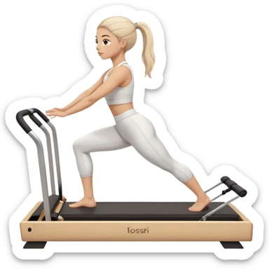 a girl doing reformer pilates, she is wearing a white fit and she has dark straight and loose hair.  sticker