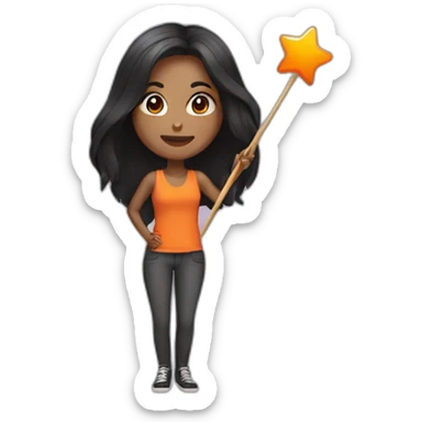 brown woman holding a orange star wand long black straight hair full length sticker