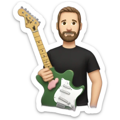 white man with dark beard and black t shirt and pastel pink stratocaster electric guitar sticker