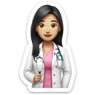 Long black hair female doctor in pink undershirt white coat over pink stethoscope  sticker