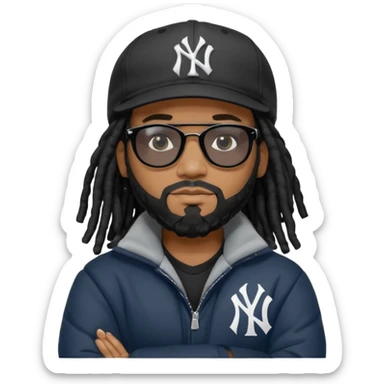 African American man with shoulder length black dreadlocks and black beard wearing black sunglasses with a New York Yankees baseball cap wearing a black bubble winter coat with arms folded sticker