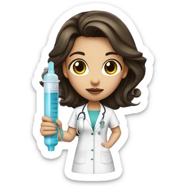 girl, brunette, big lips, in a medical gown with a medical syringe sticker