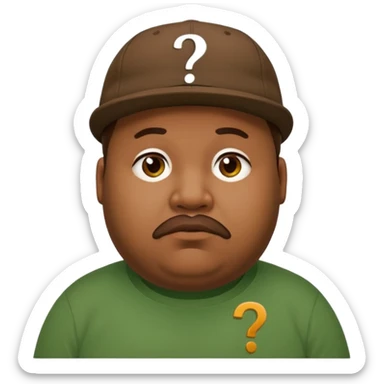 fat man with brown cap and green t shirt printeed a question mark sticker