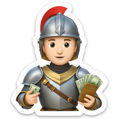 Knight with helmet holding phone and money sticker