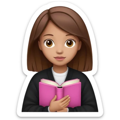 a light skin girl with brown hair and a dark cardigan holding a pink bible  sticker