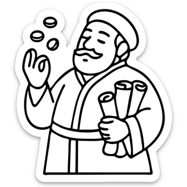 Wealthy fantasy merchant lord in red robes counting gold coins. DnD style character with scrolls of business contracts. sticker
