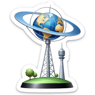 An icon featuring a satellite dish, cell tower with signal waves, and an earth, connected by lines, symbolizing telecommunications. The design includes data signals, network nodes, and a mobile device, representing global digital communication. Transparent background sticker