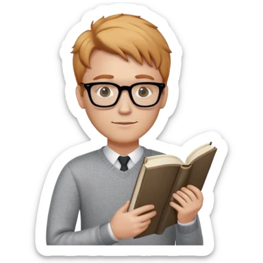 English teacher with strawberry blonde hair, black glasses, and a book in his hand. He wears a grey sweater sticker