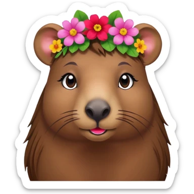 capybara with faka eye lashes and make up on - bright lipstick and eye make up - long brown hair, flowers in her hair

 sticker