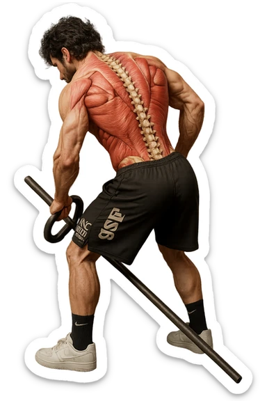 lascia questa immagine identica in cui lui esegue un T-bar con triangolo ma aggiungi fasci muscolari e spina dorsale sulla sua schiena, iperealistico 4k sticker