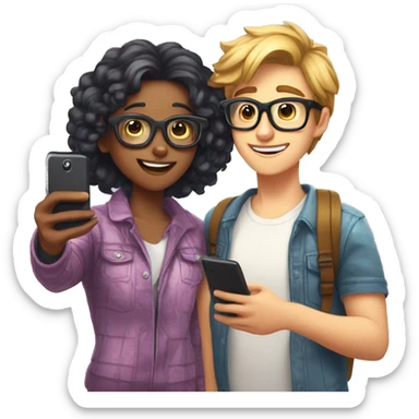 Nerd shy boy taking selfie with cool girl bestie  sticker
