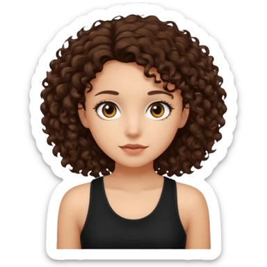 Fata cu ochii căprui închis, păr șaten bucle, piele albă îmbrăcăminte maieu negru sticker