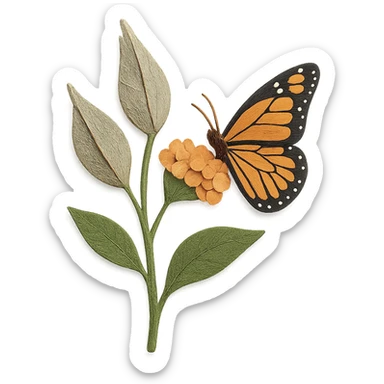 milkweed plant with seed pods and a monarch butterfly, delicate paper layers, expressive leaves, butterfly resting on a flower sticker