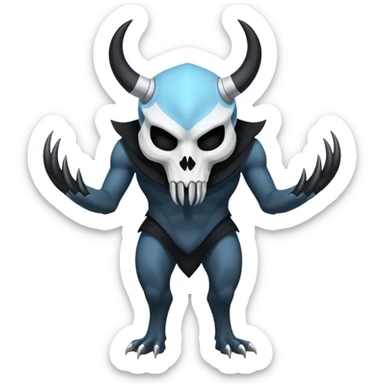 Shiny Dark Edgy  Duskull-Inteleon-Amaura-Fakémon-hybrid-creature (full body) with a horned animal-skull-mask sticker