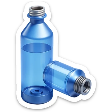 "A high-quality 3D isometric icon of a blue translucent PET plastic bottle standing next to a sleek metallic industrial gear. Clean studio lighting, white background, soft shadows, 3D clay render style, minimalist and professional." sticker