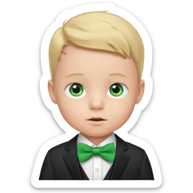 baby boy in suit, blue eye, with green bow sticker