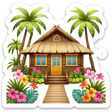 Hawaiian beach house, small tropical house, wooden walls, thatched roof, colorful flowers, palm trees, cute mobile game icon, 3D cartoon, bright colors, soft shadows, clean background, no text, no watermark sticker